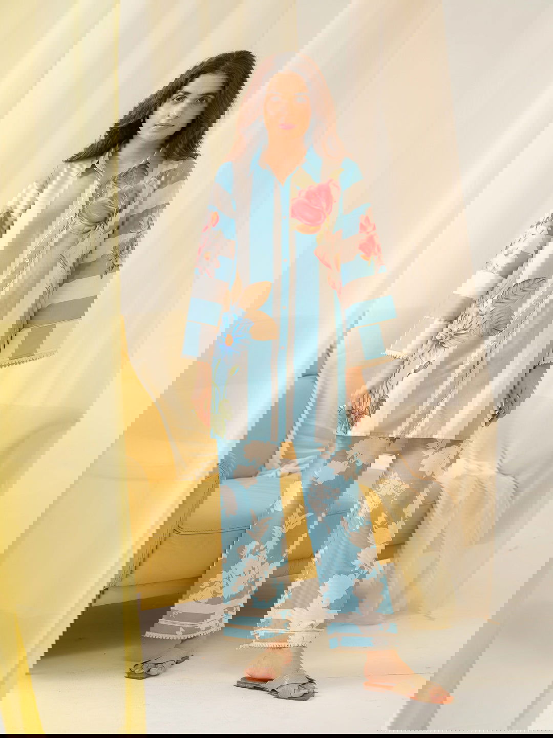 Sky-blue Printed Linen Shirt With Trousers - Buy Best Ethnic Wear for Women & Girls | Daily Woman -