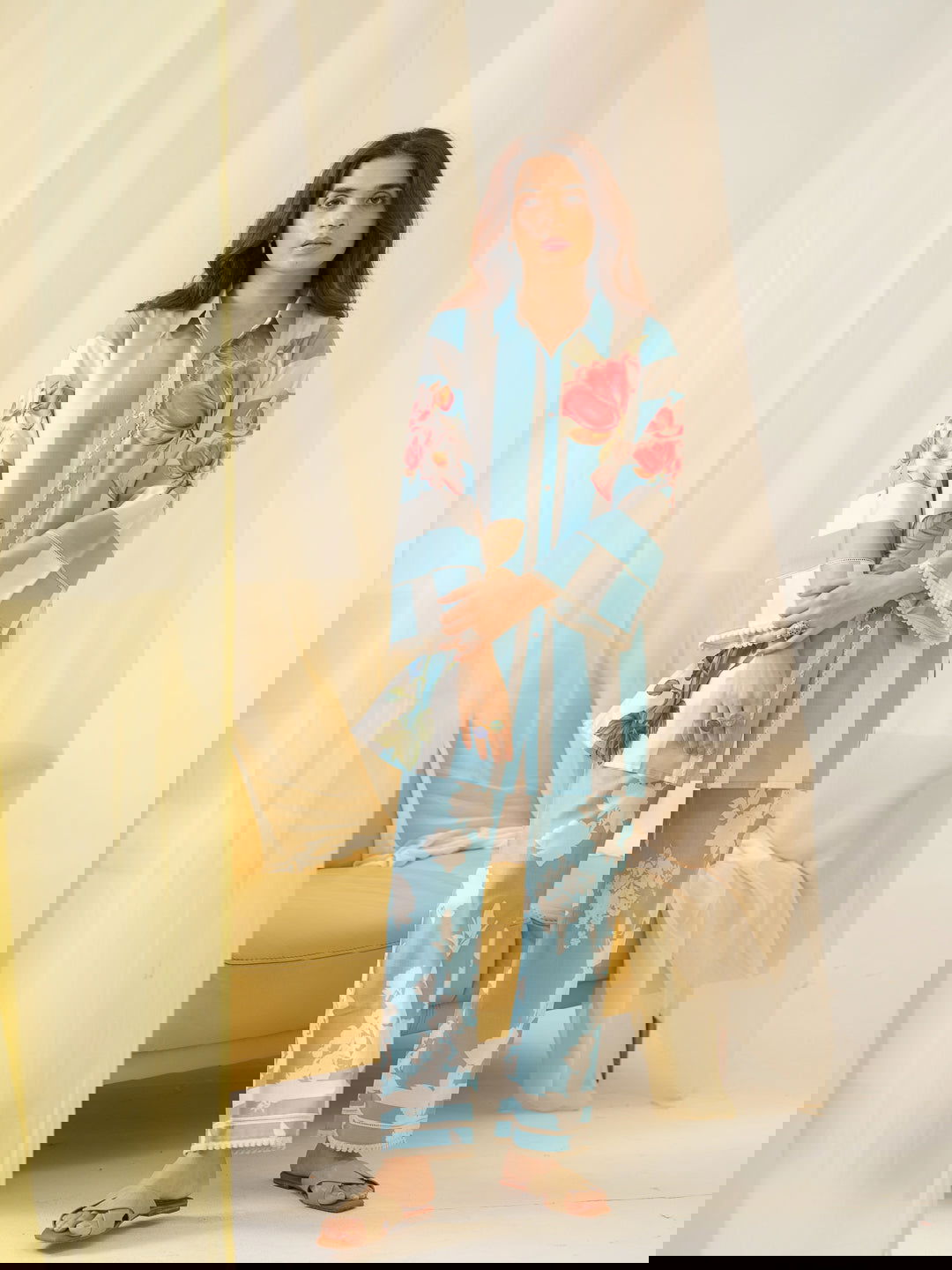 Sky-blue Printed Linen Shirt With Trousers - Buy Best Ethnic Wear for Women & Girls | Daily Woman -