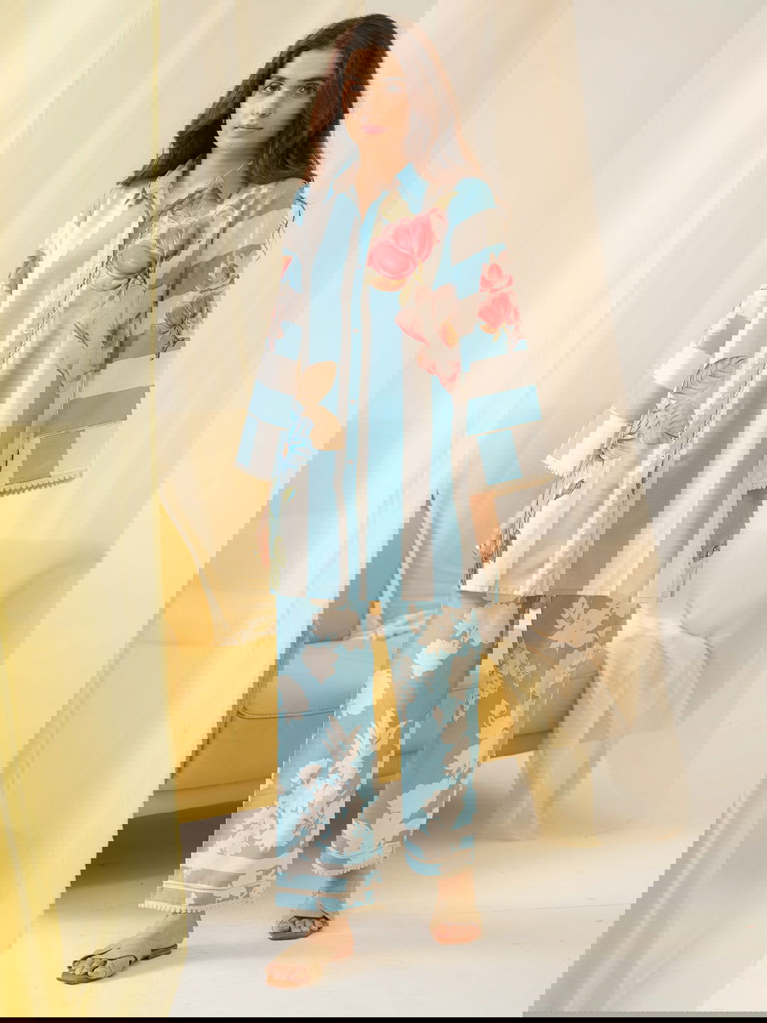 Sky-blue Printed Linen Shirt With Trousers - Buy Best Ethnic Wear for Women & Girls | Daily Woman -