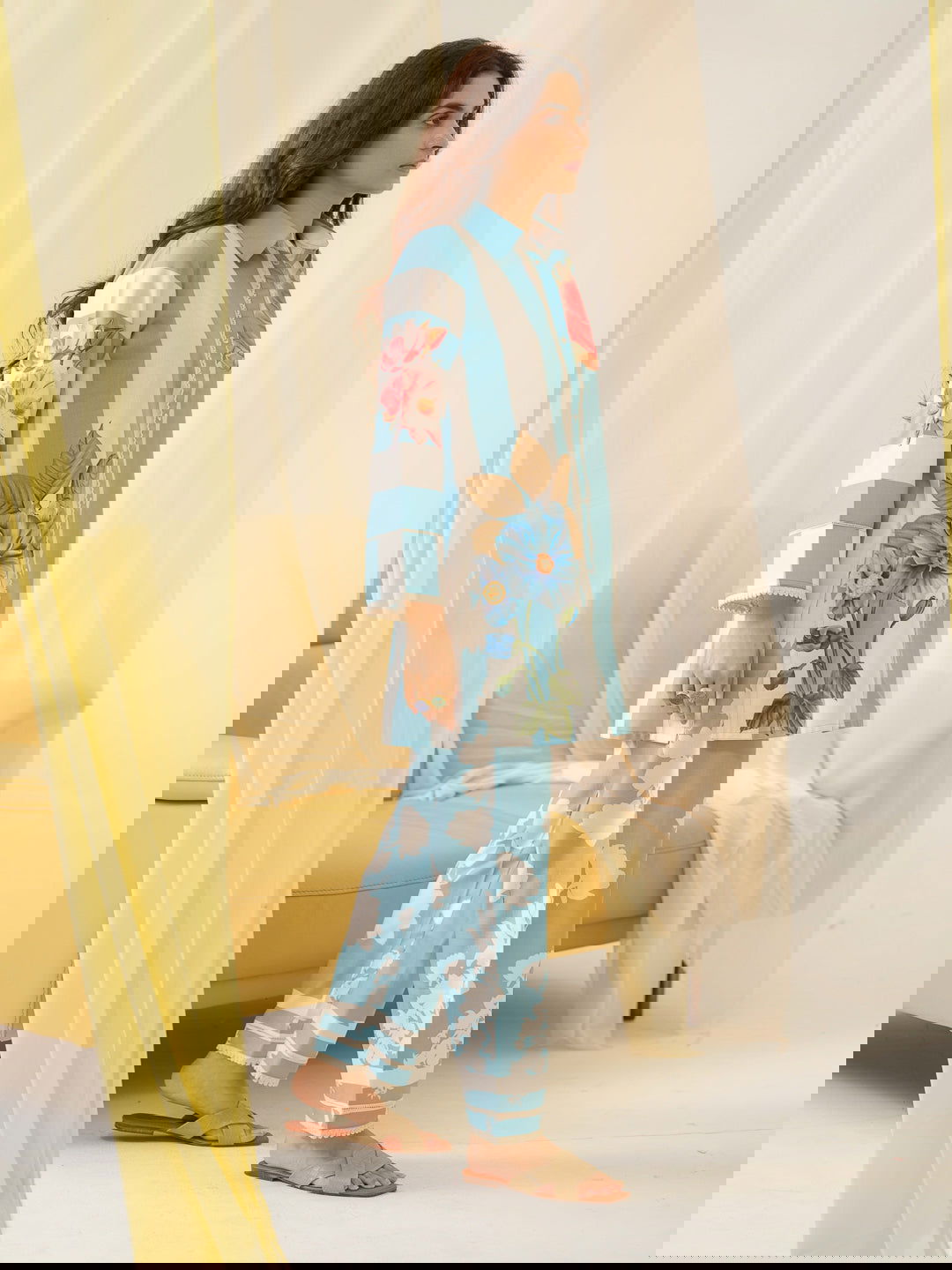 Sky-blue Printed Linen Shirt With Trousers - Buy Best Ethnic Wear for Women & Girls | Daily Woman -