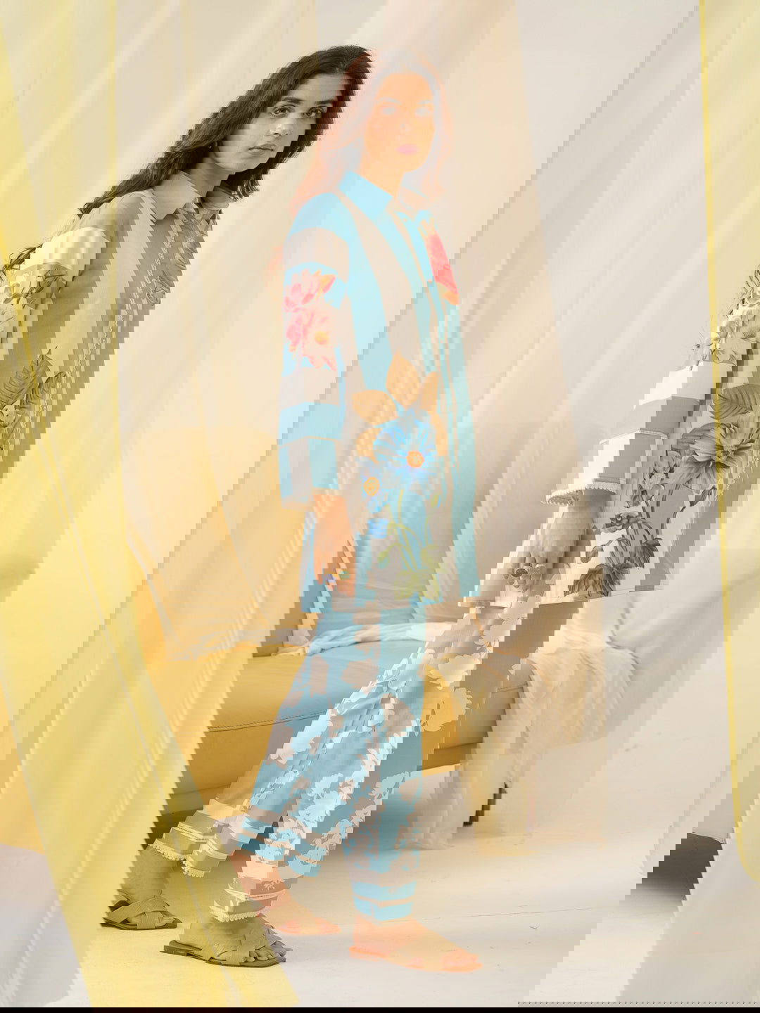 Sky-blue Printed Linen Shirt With Trousers - Buy Best Ethnic Wear for Women & Girls | Daily Woman -