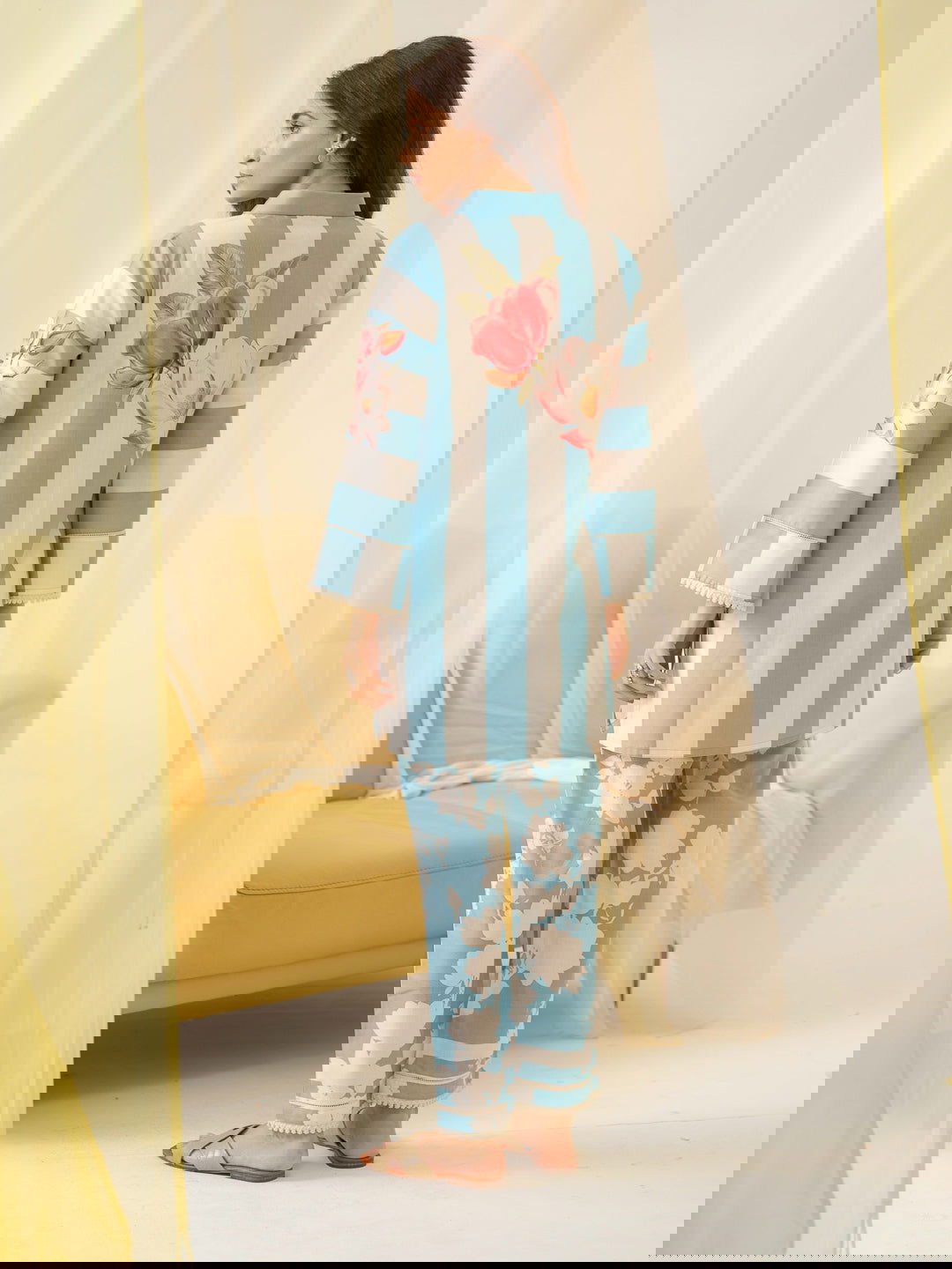 Sky-blue Printed Linen Shirt With Trousers - Buy Best Ethnic Wear for Women & Girls | Daily Woman -