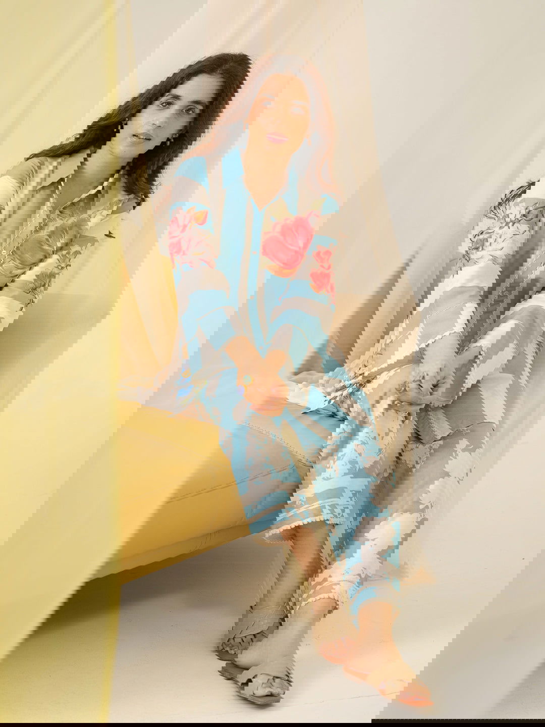 Sky-blue Printed Linen Shirt With Trousers - Buy Best Ethnic Wear for Women & Girls | Daily Woman -