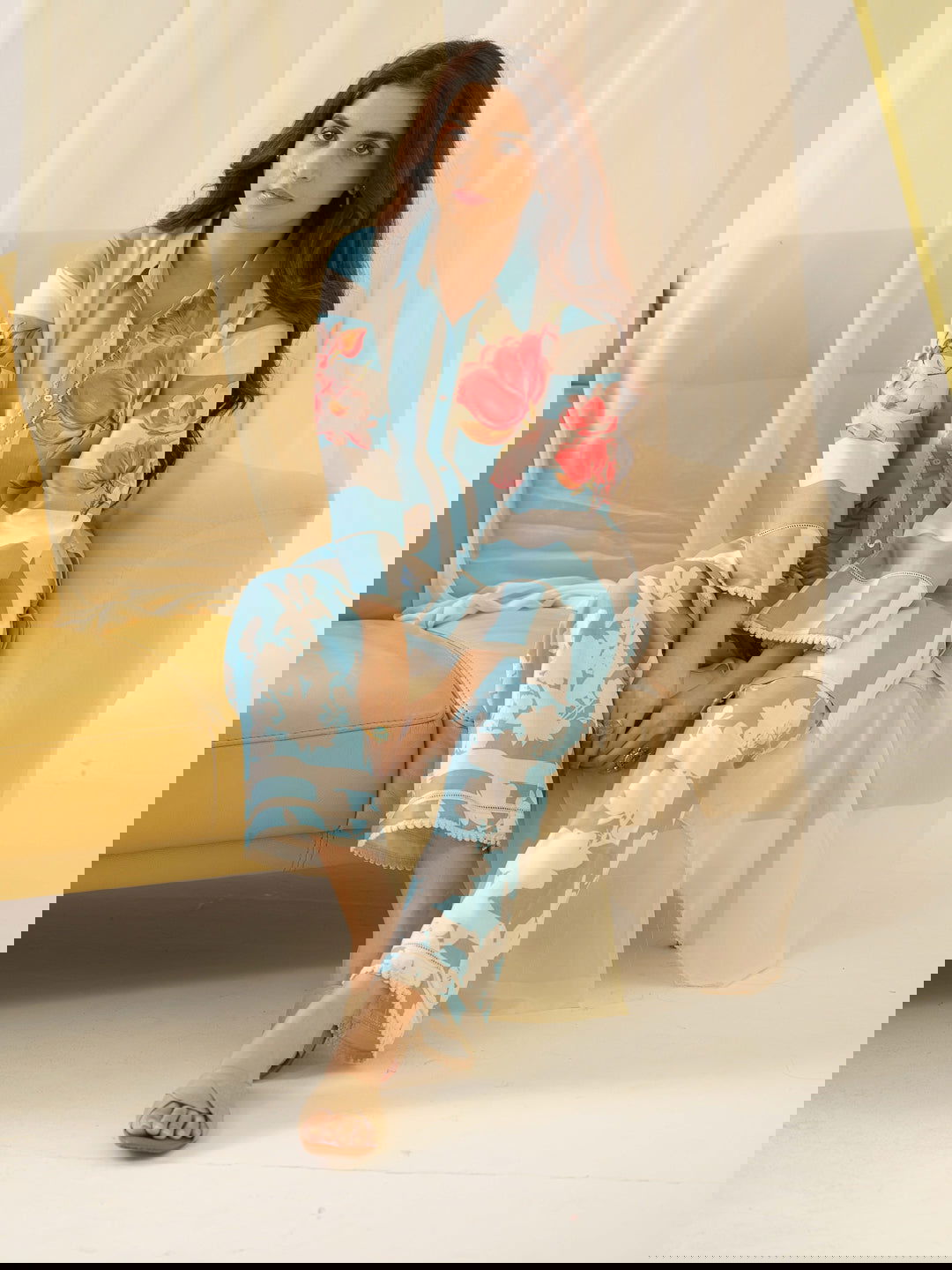 Sky-blue Printed Linen Shirt With Trousers - Buy Best Ethnic Wear for Women & Girls | Daily Woman -