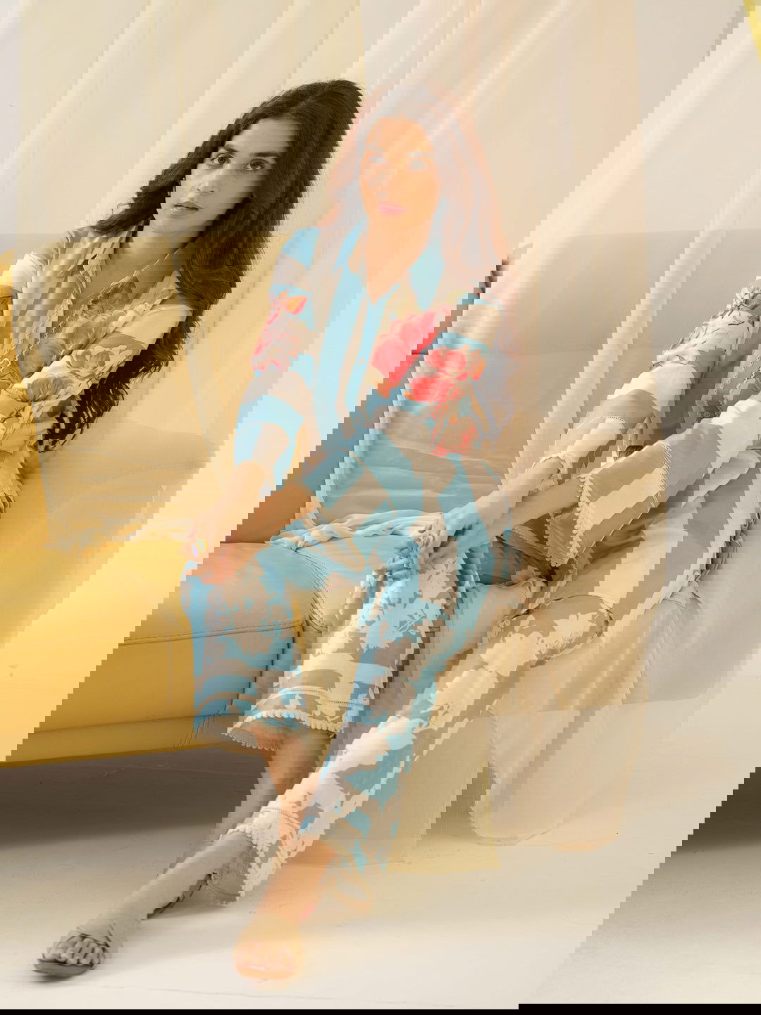 Sky-blue Printed Linen Shirt With Trousers - Buy Best Ethnic Wear for Women & Girls | Daily Woman -