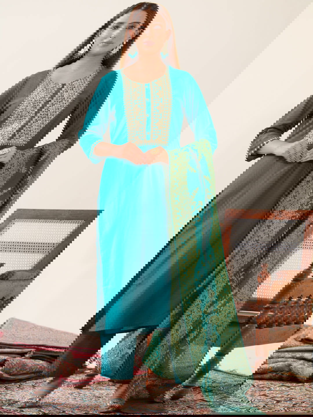 Teal Color Poly Chinon Ethnic Motifs Woven Design Zari Regular Kurta with Trousers & Banarasi Dupatta - Buy Best Ethnic Wear for Women & Girls | Daily Woman -