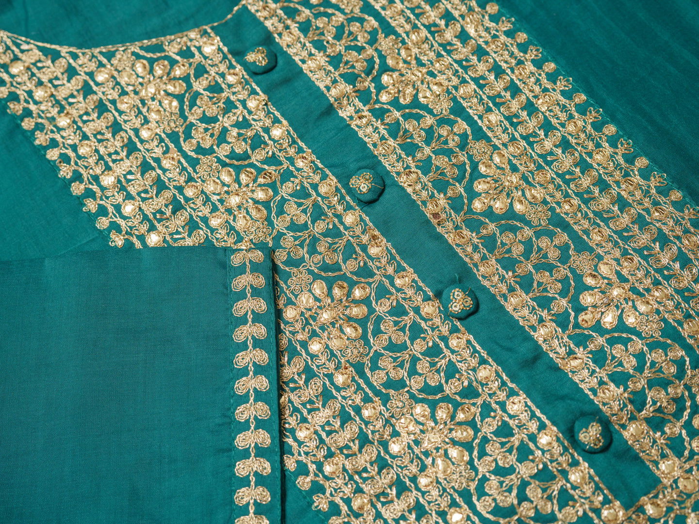 Teal Color Poly Chinon Ethnic Motifs Woven Design Zari Regular Kurta with Trousers & Banarasi Dupatta - Buy Best Ethnic Wear for Women & Girls | Daily Woman -