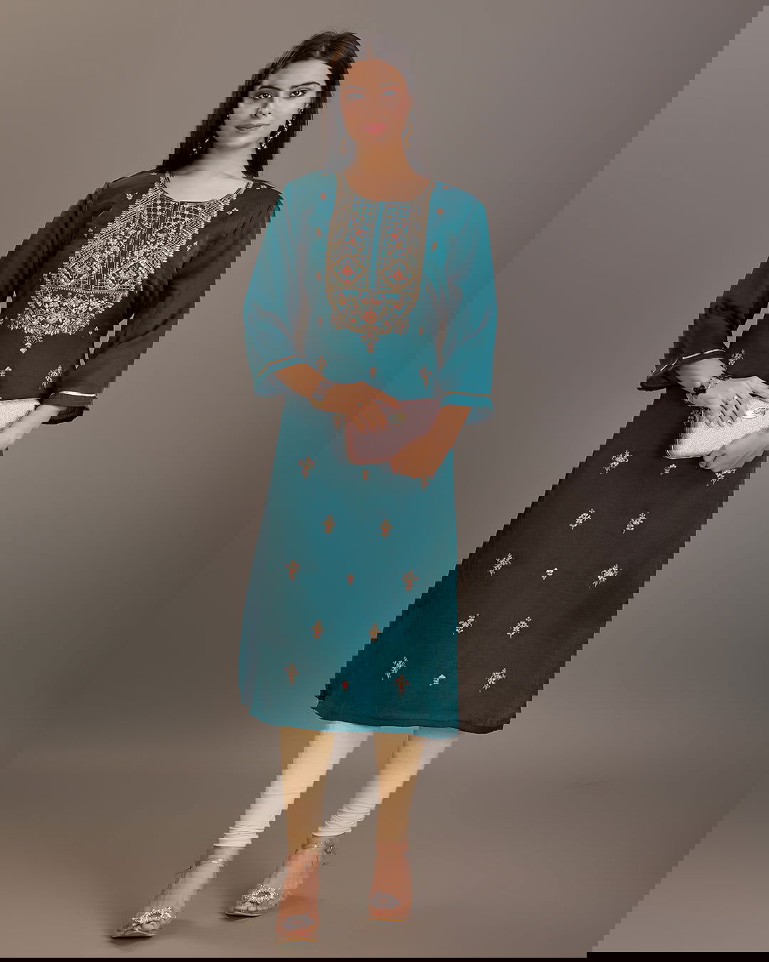 Teal Ethnic Motifs Embroidered Straight Kurtas - Buy Best Ethnic Wear for Women & Girls | Daily Woman -