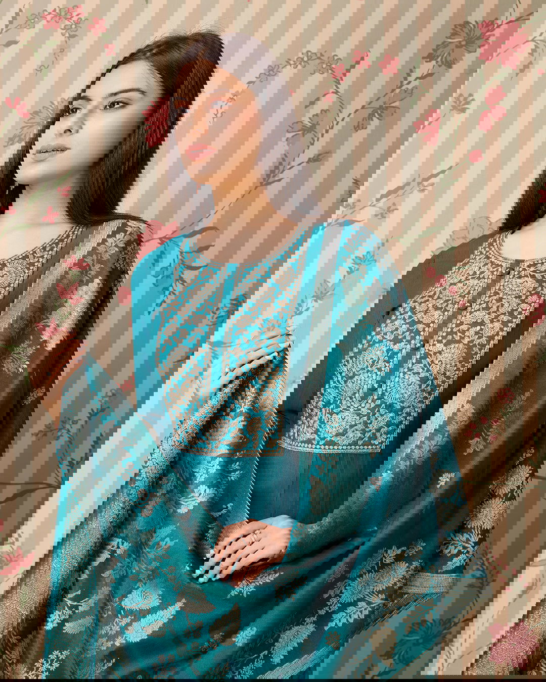Teal Woven Design Yoke Design Straight Kurta Trousers With Dupatta - Buy Best Ethnic Wear for Women & Girls | Daily Woman -