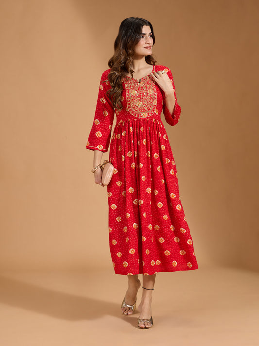 Rayon Yoke Embroidered & Sequinned with Bandhani Printed Red Anarkali Dress