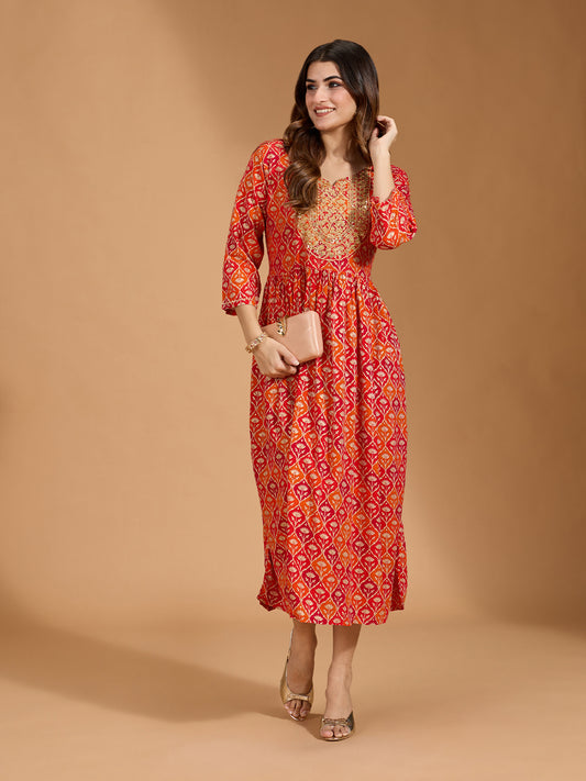 Rayon Yoke Embellished/ Sequinned with Floral Printed Red Anarkali Dress