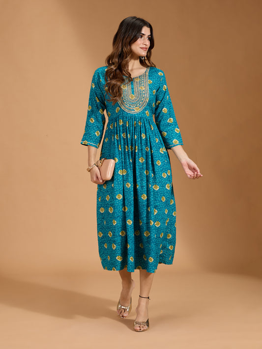 Rayon Yoke Embroidered & Sequinned with Bandhani Printed Teal Anarkali Dress