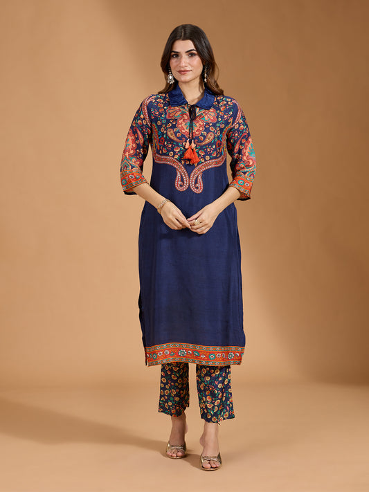 Muslin Floral & Paisley Printed with Sequinned Navy Blue Kurta & Pant