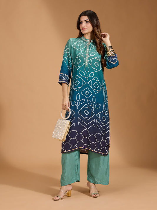 Rayon Embellished Placket with Bandhani Printed Ombre Effect Teal Kurta & Pant