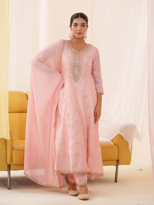 Vichitra Pink Women Ethnic Motifs Embroidered Kurta With Trousers & Dupatta - Buy Best Ethnic Wear for Women & Girls | Daily Woman -