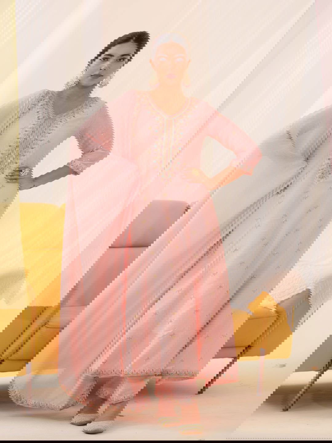 Vichitra Pink Women Ethnic Motifs Embroidered Kurta With Trousers & Dupatta - Buy Best Ethnic Wear for Women & Girls | Daily Woman -