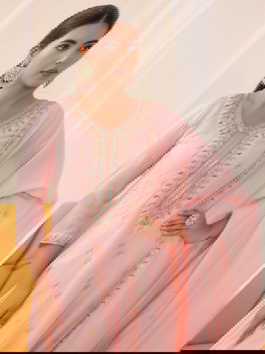 Vichitra Pink Women Ethnic Motifs Embroidered Kurta With Trousers & Dupatta - Buy Best Ethnic Wear for Women & Girls | Daily Woman -