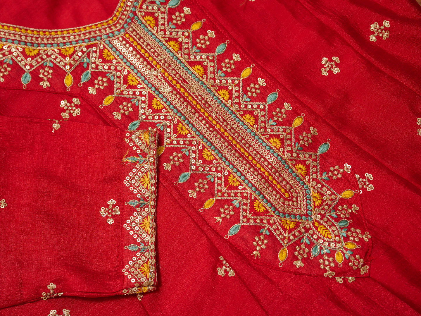 Vichitra Rad Color Floral Embroidered Anarkali Kurta With Trousers & Dupatta - Buy Best Ethnic Wear for Women & Girls | Daily Woman -