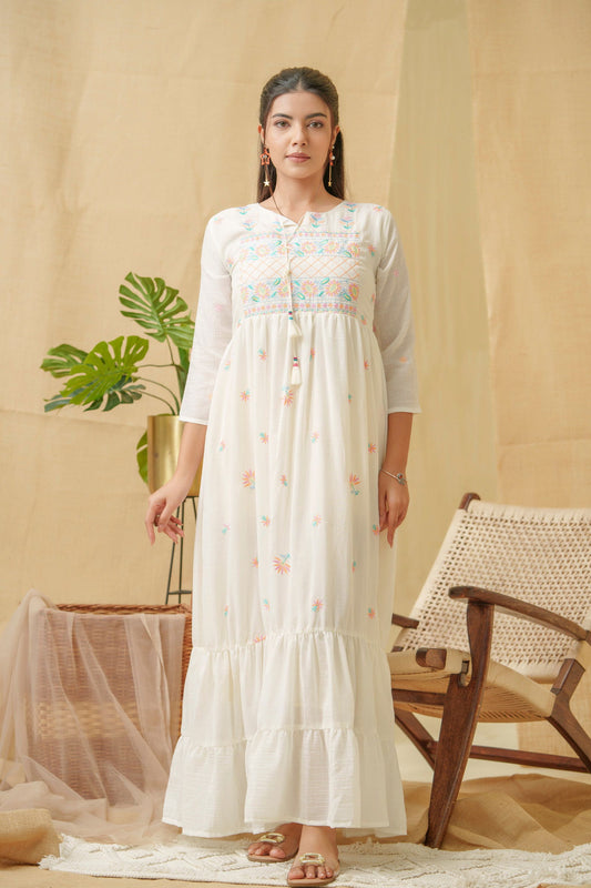 White Floral Printed Cotton Maxi Dress - Buy Best Ethnic Wear for Women & Girls | Daily Woman -
