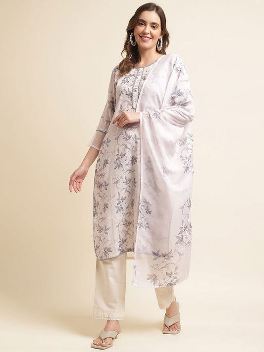 White Floral Printed Regular Sequinned Linen Kurta with Trousers & Dupatta - Buy Best Ethnic Wear for Women & Girls | Daily Woman -