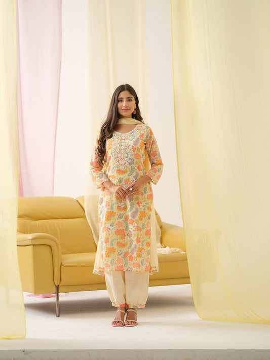 White Yoke Design Floral Straight Kurta and Trousers With Dupatta - Buy Best Ethnic Wear for Women & Girls | Daily Woman -