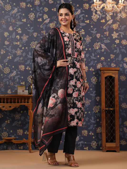 Women Black Printed Straight Kurta and Palazzos With Dupatta - Buy Best Ethnic Wear for Women & Girls | Daily Woman -