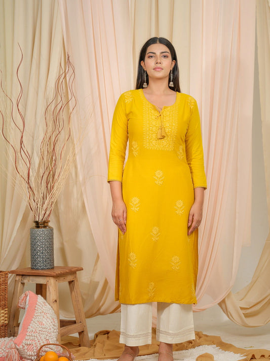 Yellow Floral Embroidered Tie-Up Neck Straight Kurtas - Buy Best Ethnic Wear for Women & Girls | Daily Woman -