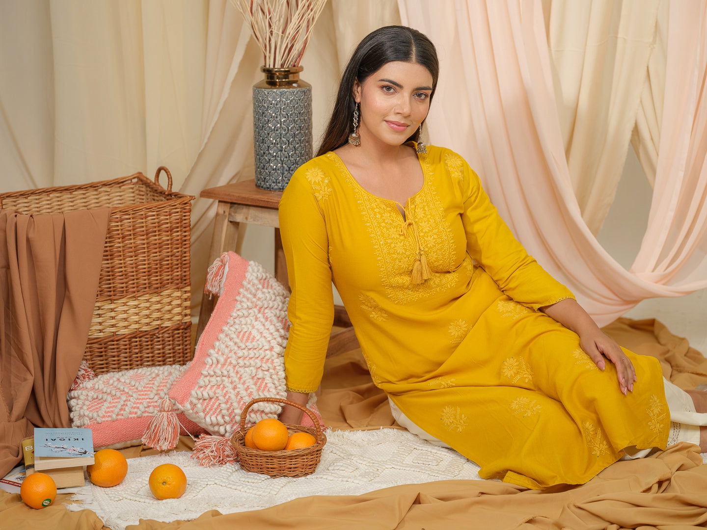 Yellow Floral Embroidered Tie-Up Neck Straight Kurtas - Buy Best Ethnic Wear for Women & Girls | Daily Woman -