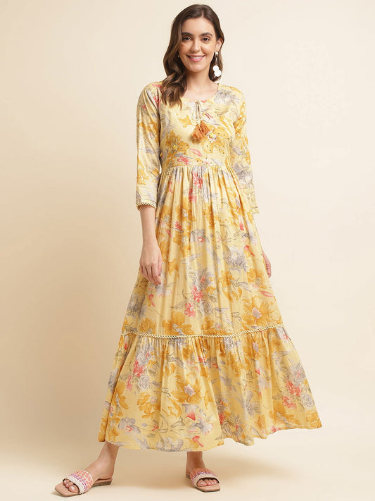 Yellow Floral Print Tie-up Maxi Dress - Buy Best Ethnic Wear for Women & Girls | Daily Woman -