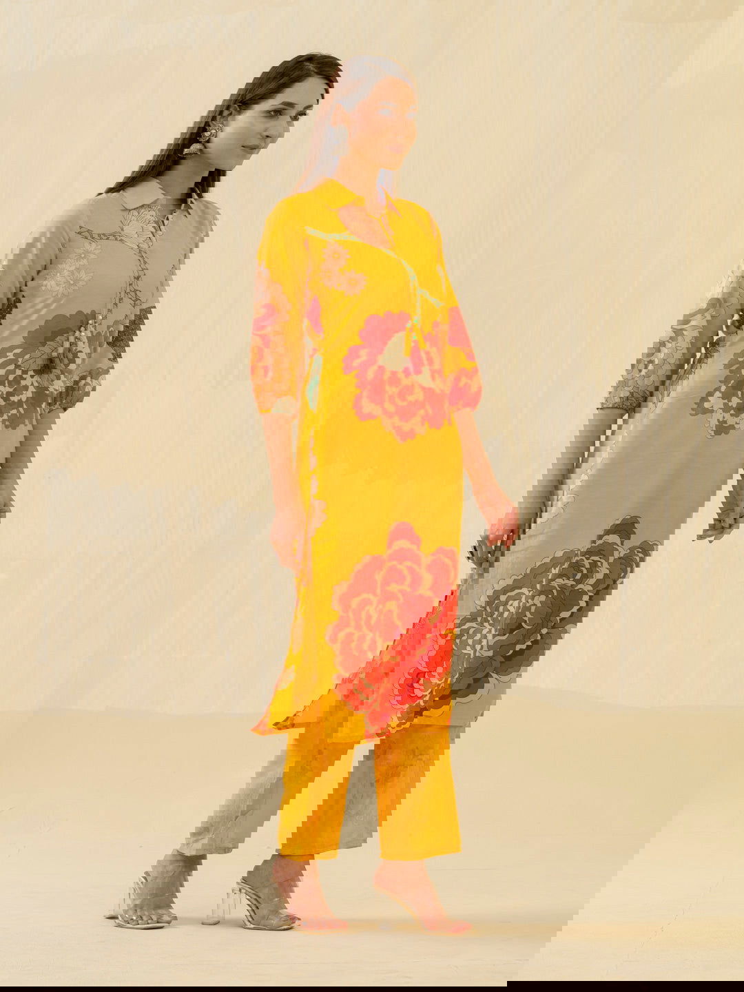 Yellow Floral Printed Shirt Collar Straight Kurta & Trouser - Buy Best Ethnic Wear for Women & Girls | Daily Woman -
