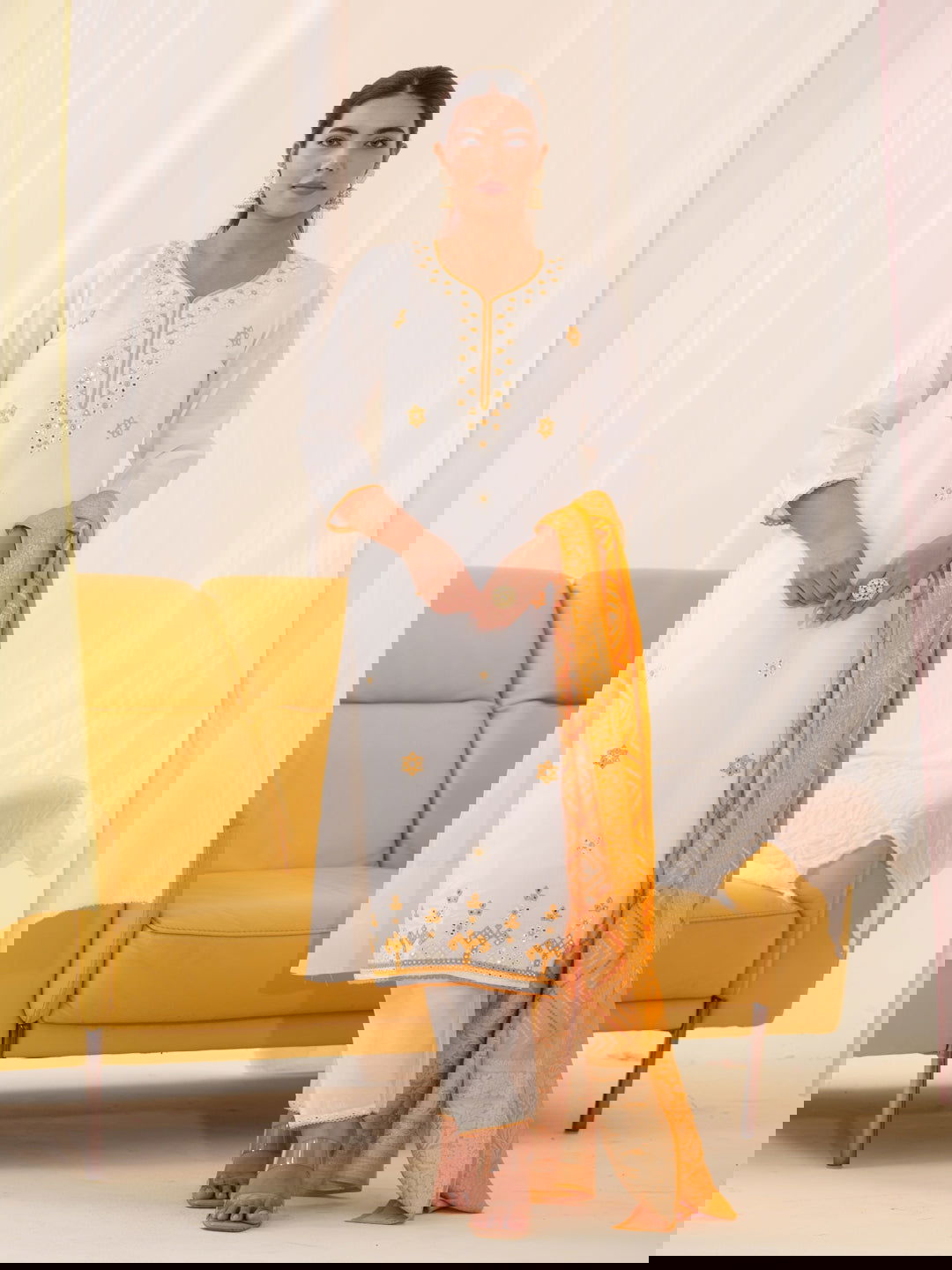 Yellow Roman Silk Ethnic Motifs Embroidered Kurta With Trousers & Dupatta - Buy Best Ethnic Wear for Women & Girls | Daily Woman -