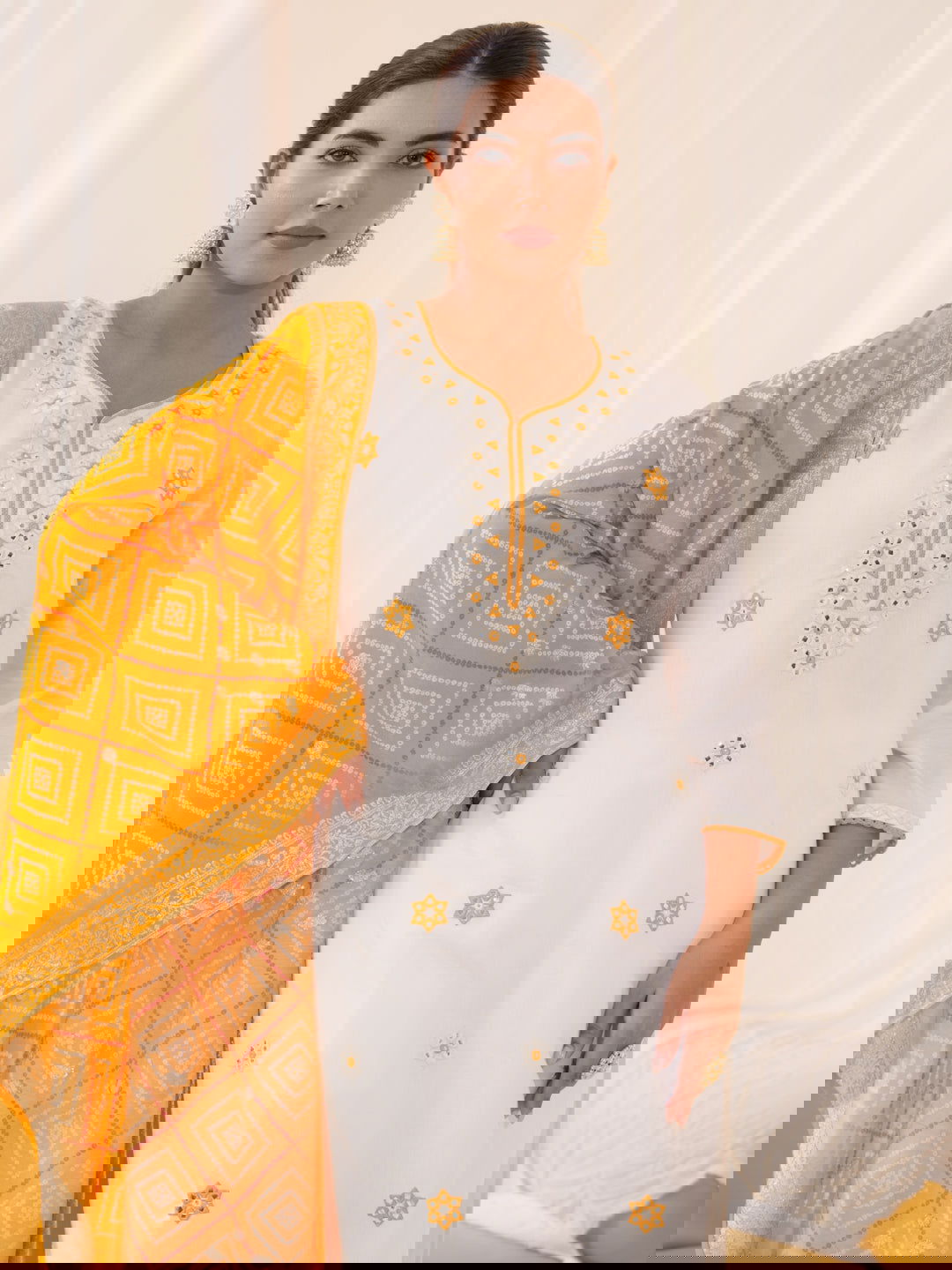 Yellow Roman Silk Ethnic Motifs Embroidered Kurta With Trousers & Dupatta - Buy Best Ethnic Wear for Women & Girls | Daily Woman -