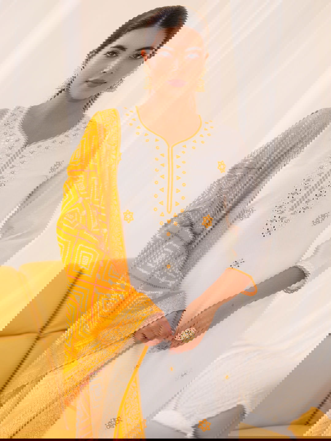 Yellow Roman Silk Ethnic Motifs Embroidered Kurta With Trousers & Dupatta - Buy Best Ethnic Wear for Women & Girls | Daily Woman -