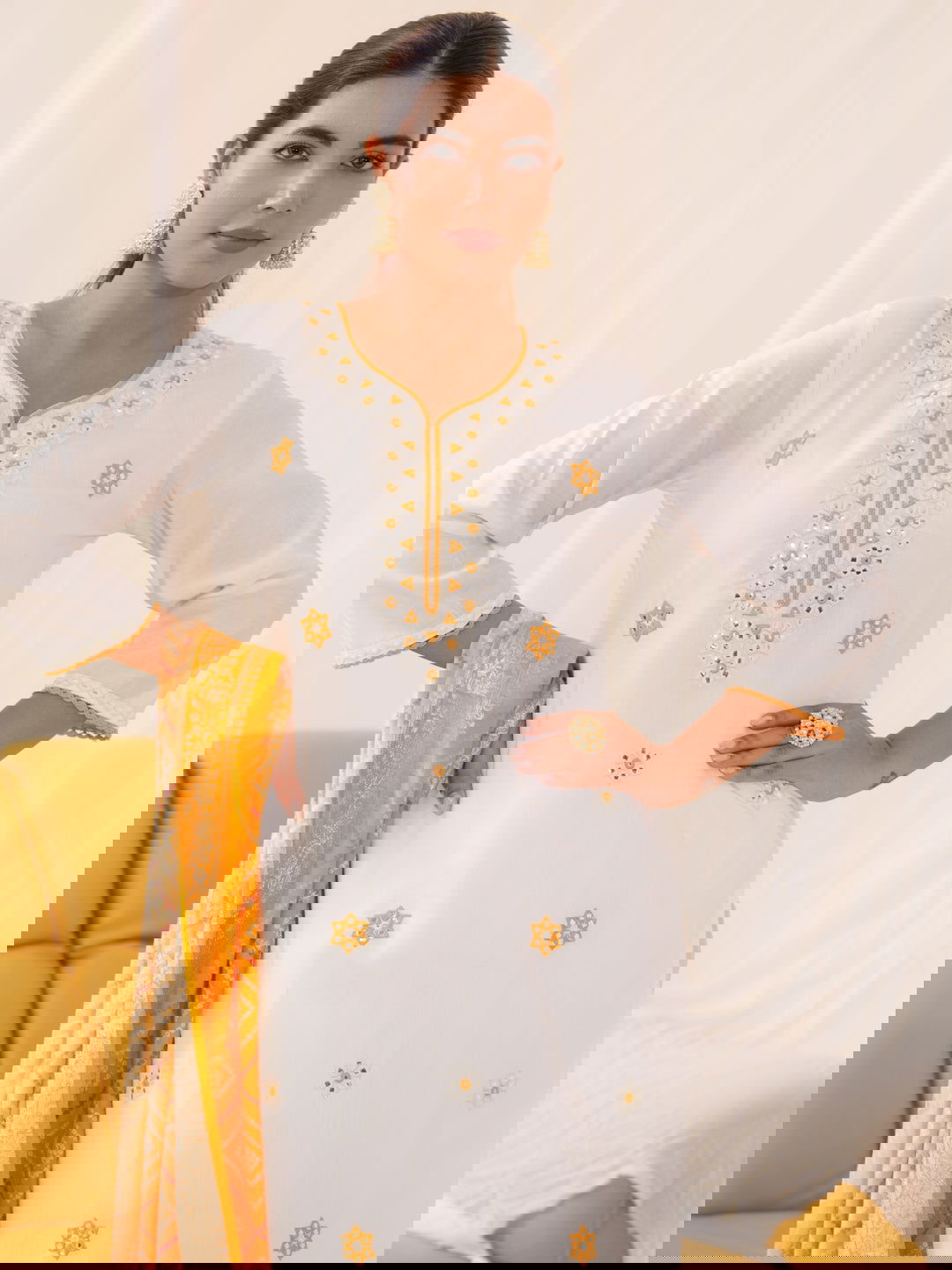 Yellow Roman Silk Ethnic Motifs Embroidered Kurta With Trousers & Dupatta - Buy Best Ethnic Wear for Women & Girls | Daily Woman -