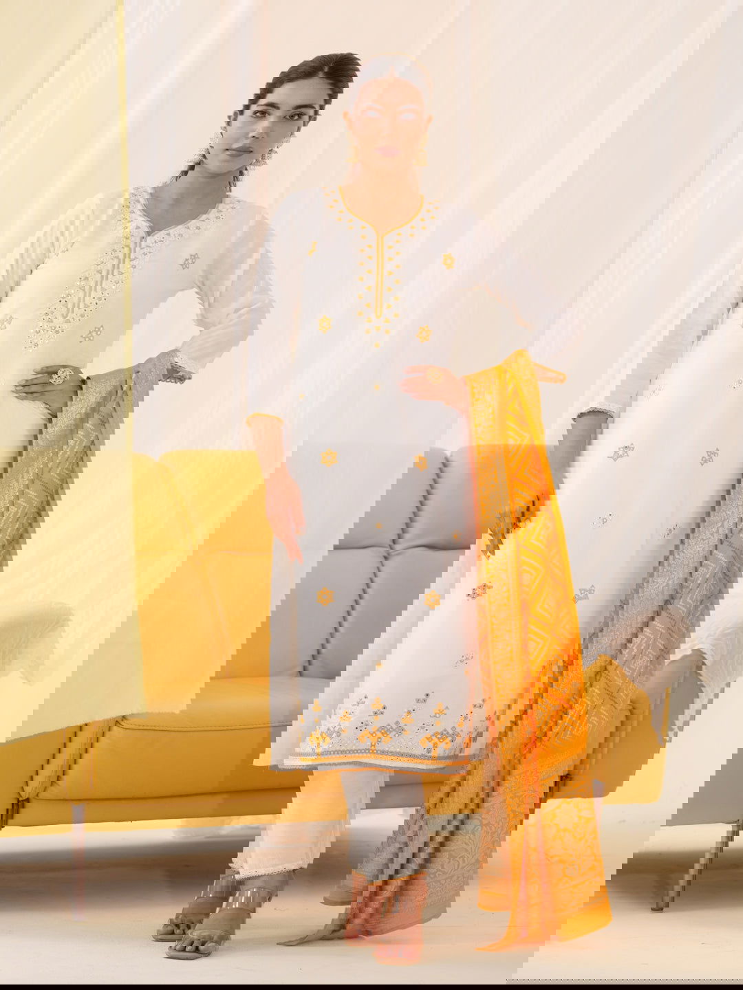 Yellow Roman Silk Ethnic Motifs Embroidered Kurta With Trousers & Dupatta - Buy Best Ethnic Wear for Women & Girls | Daily Woman -