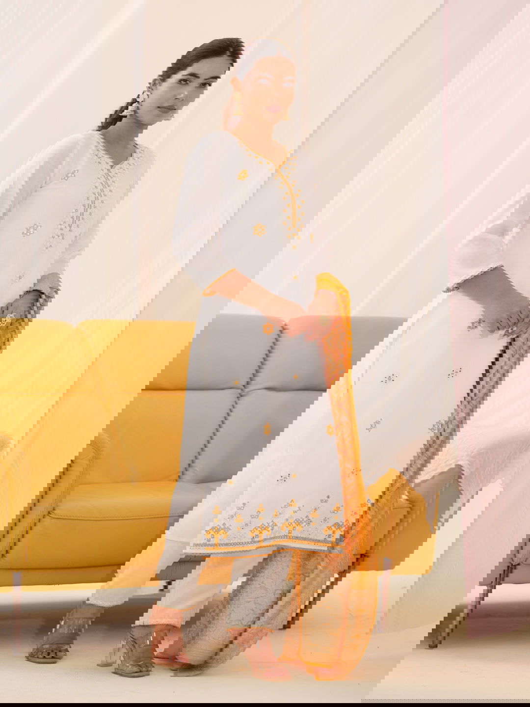 Yellow Roman Silk Ethnic Motifs Embroidered Kurta With Trousers & Dupatta - Buy Best Ethnic Wear for Women & Girls | Daily Woman -