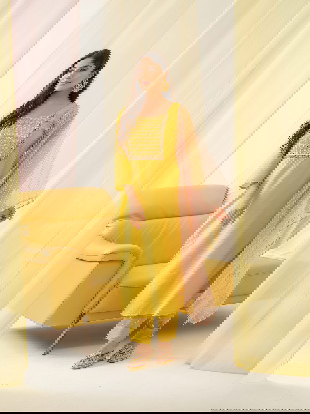 Yellow Yoke Design Woven Design Straight Kurta and Trousers With Dupatta - Buy Best Ethnic Wear for Women & Girls | Daily Woman -