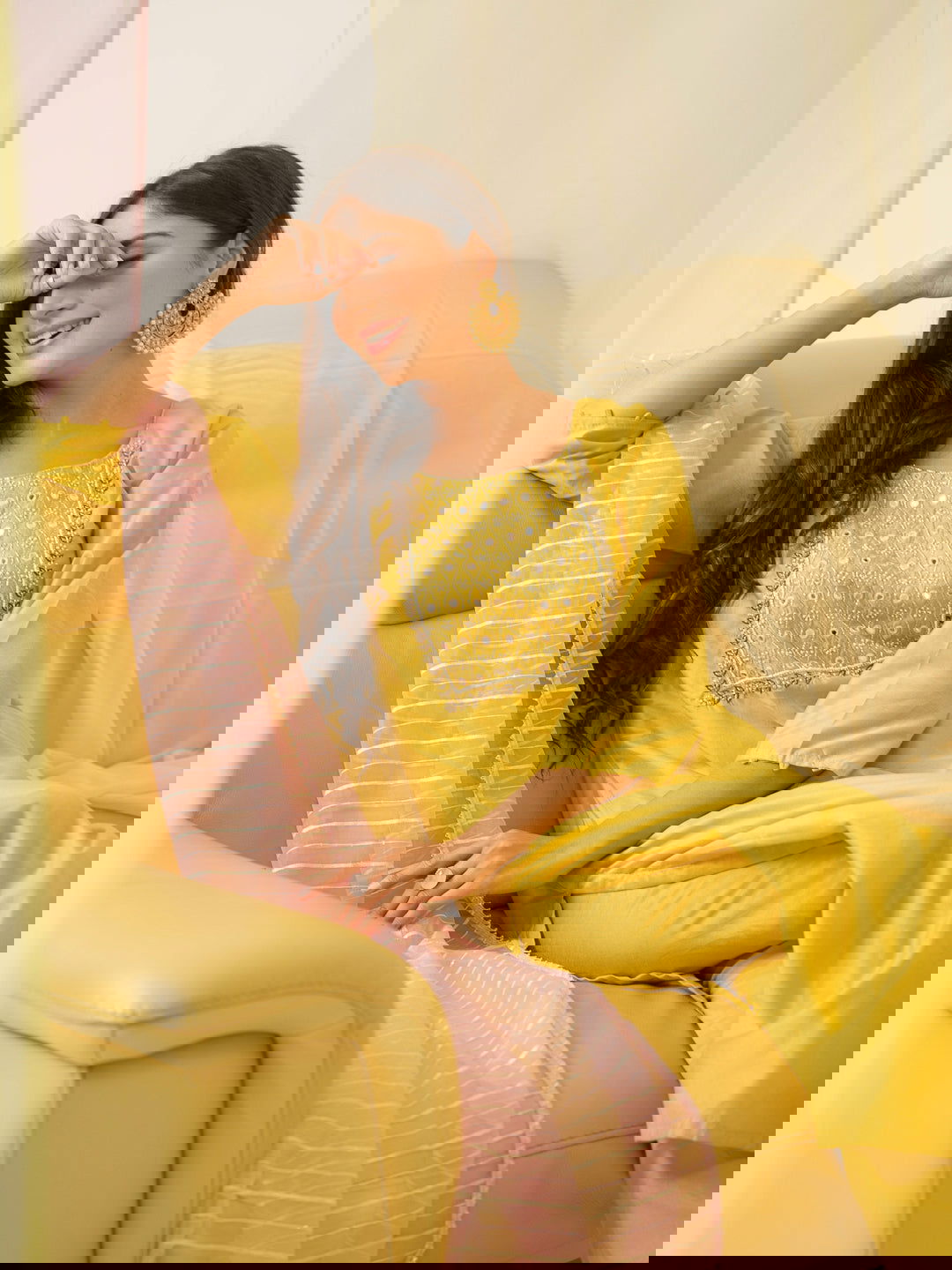 Yellow Yoke Design Woven Design Straight Kurta and Trousers With Dupatta - Buy Best Ethnic Wear for Women & Girls | Daily Woman -