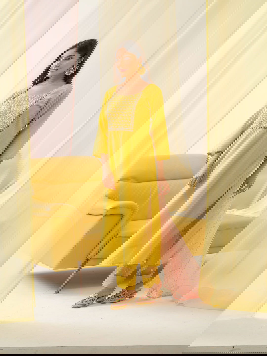 Yellow Yoke Design Woven Design Straight Kurta and Trousers With Dupatta - Buy Best Ethnic Wear for Women & Girls | Daily Woman -