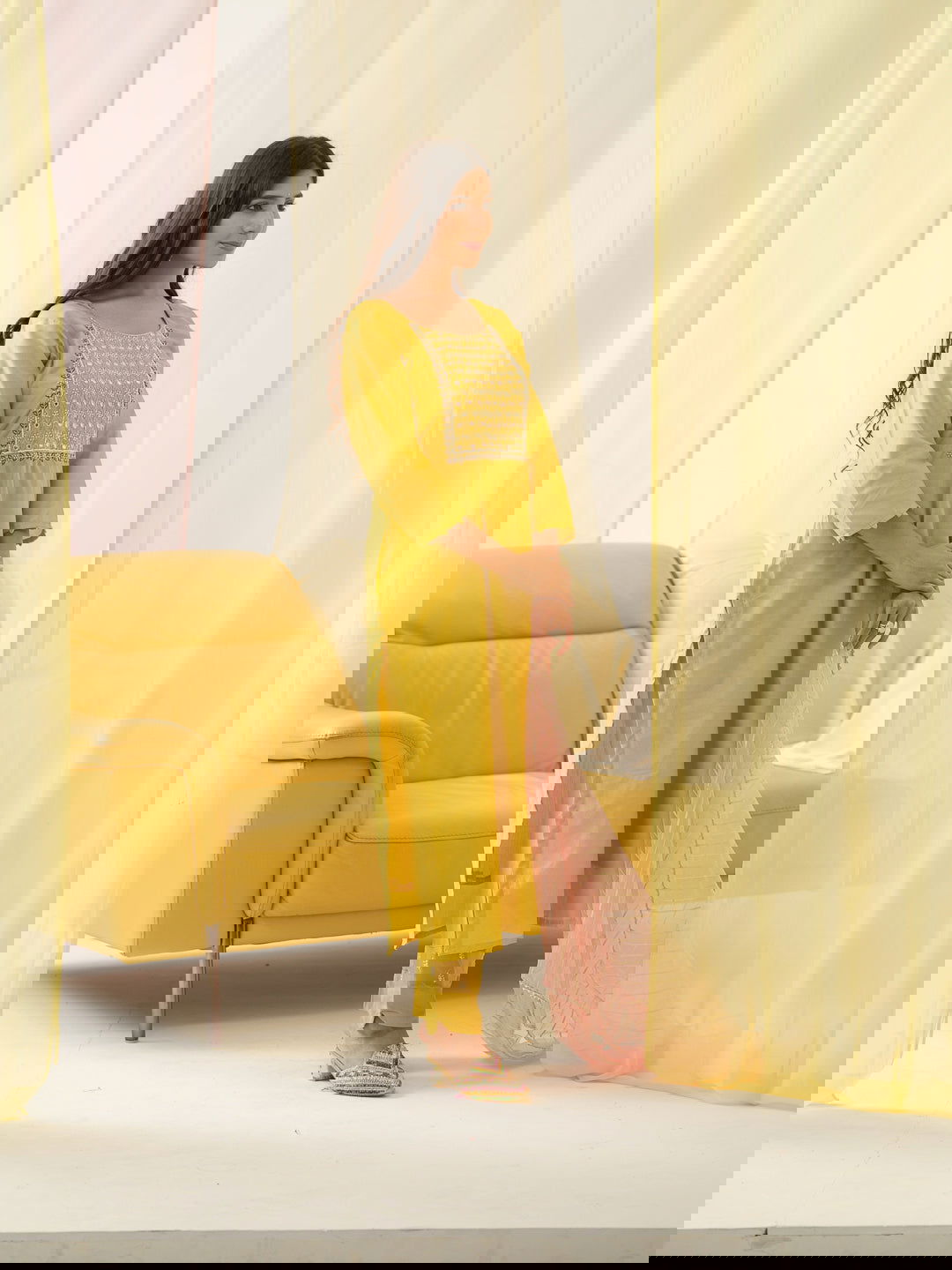 Yellow Yoke Design Woven Design Straight Kurta and Trousers With Dupatta - Buy Best Ethnic Wear for Women & Girls | Daily Woman -