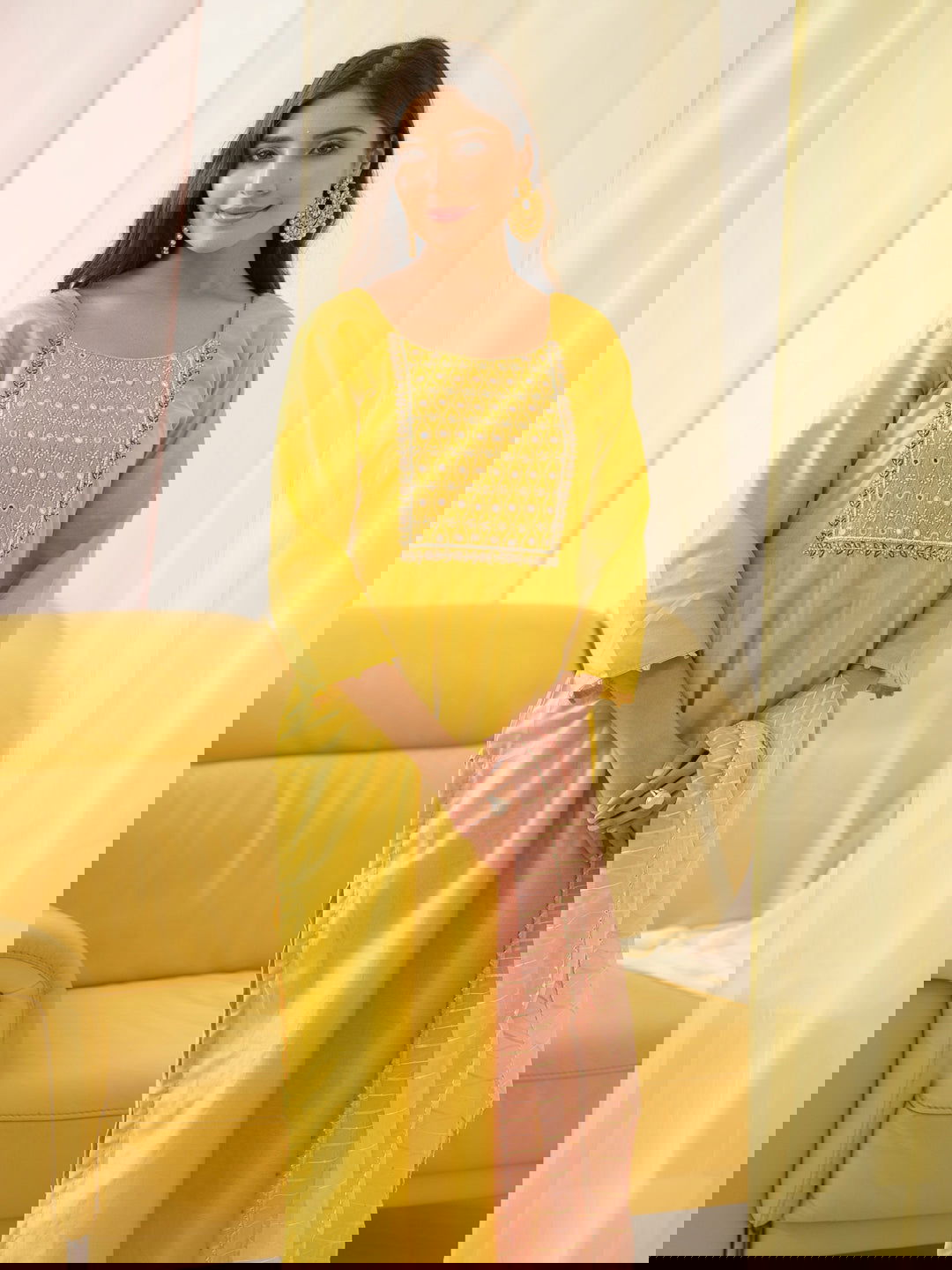 Yellow Yoke Design Woven Design Straight Kurta and Trousers With Dupatta - Buy Best Ethnic Wear for Women & Girls | Daily Woman -