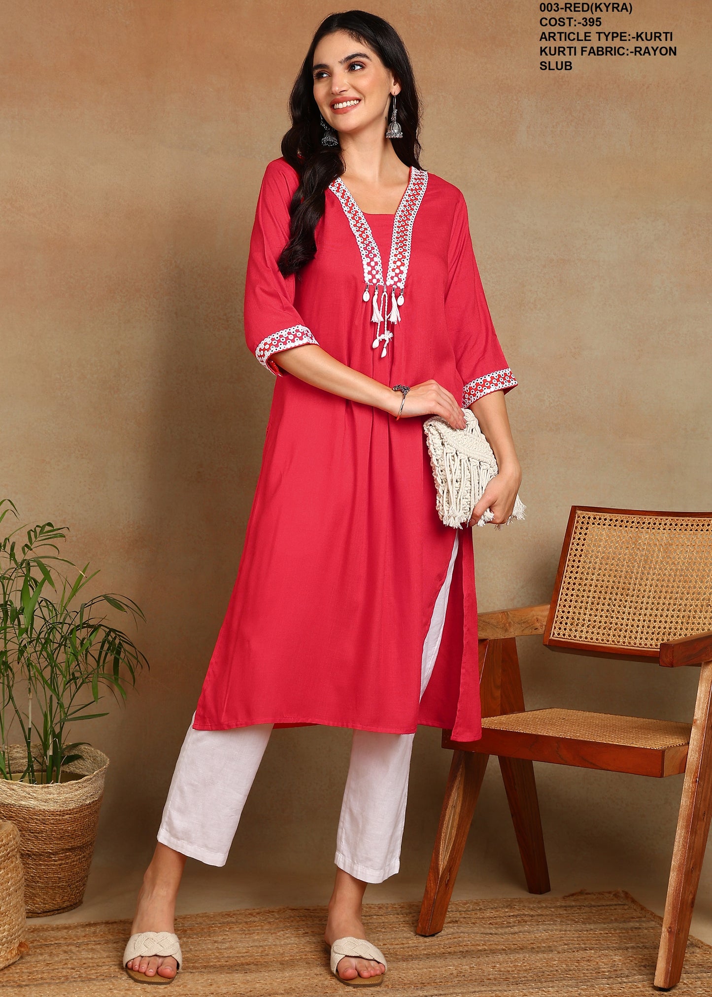 Red Rayon Slub Kurti with White Embroidered Lace Detailing