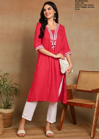 Red Rayon Slub Kurti with White Embroidered Lace Detailing