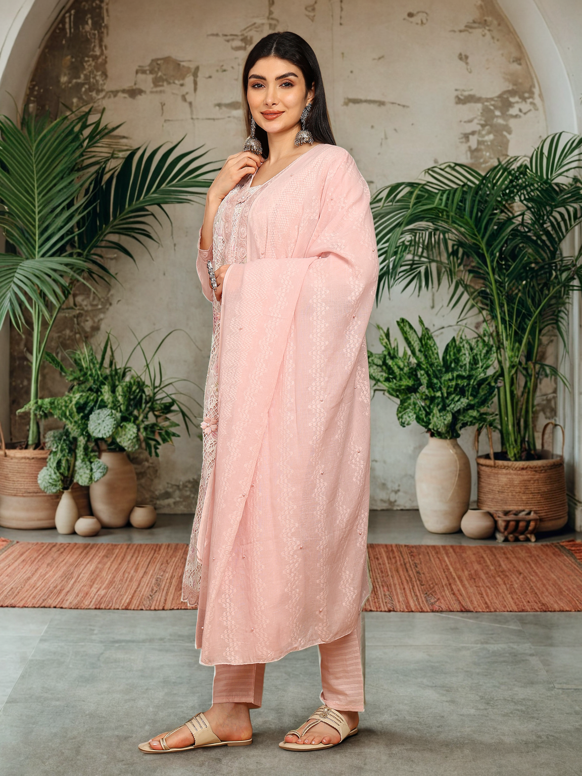 Soft Pink Textured Kurta with Intricate Crochet Lace and Floral Lining
