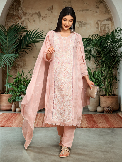 Soft Pink Textured Kurta with Intricate Crochet Lace and Floral Lining