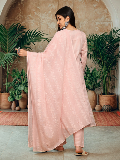 Soft Pink Textured Kurta with Intricate Crochet Lace and Floral Lining
