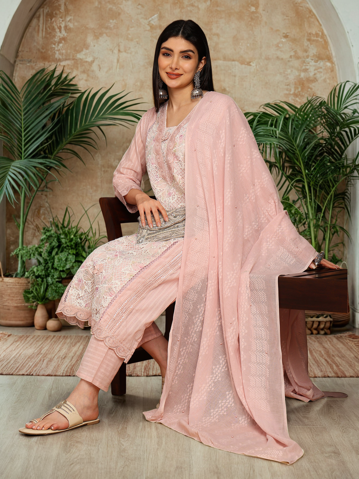 Soft Pink Textured Kurta with Intricate Crochet Lace and Floral Lining