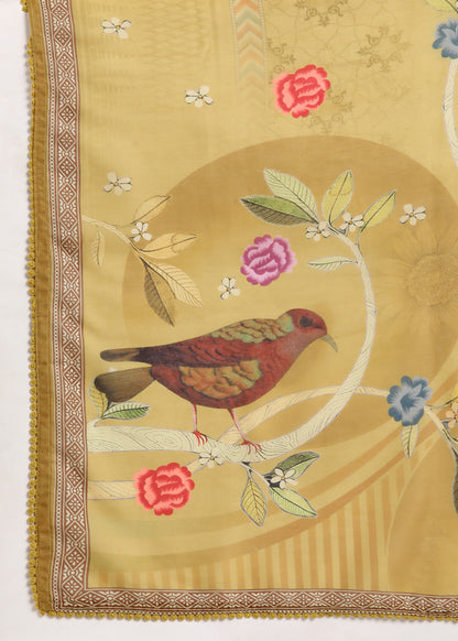 Women Mustard Rayon Embroidered Kurta Set with Digital Print Muslin Dupatta