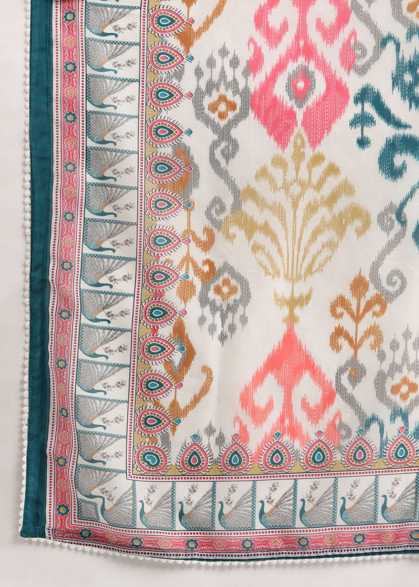 Off-White Rayon Embroidered Kurta Set with Mirror Work & Printed Muslin Dupatta