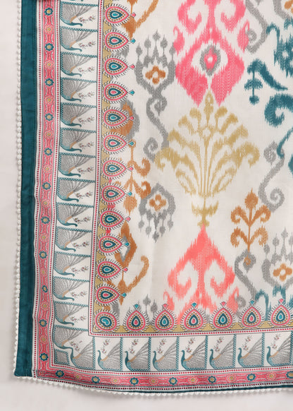 Off-White Rayon Embroidered Kurta Set with Mirror Work & Printed Muslin Dupatta